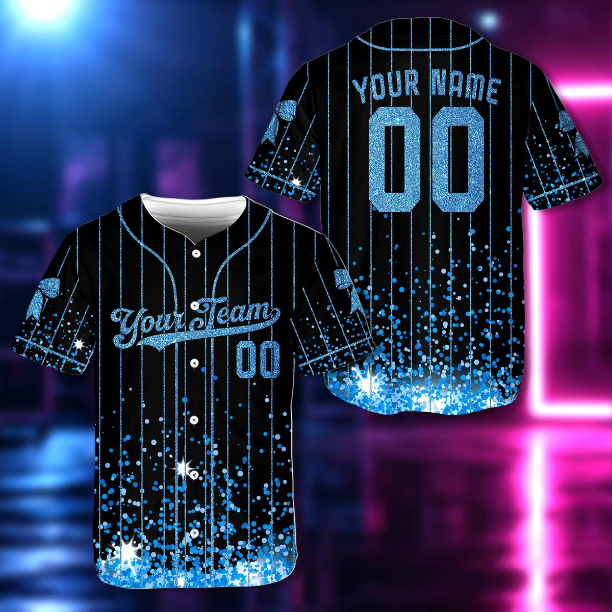 Front view of personalized baseball jersey in pink glitter accents