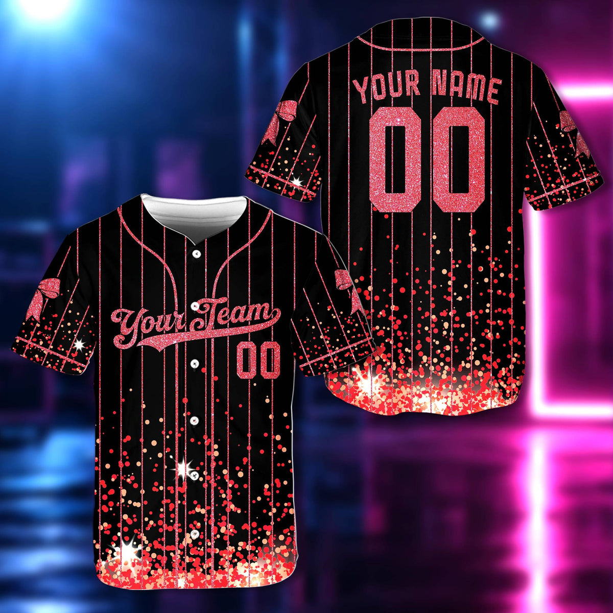 Front view of personalized baseball jersey in purple glitter accents