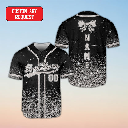 Personalized glitter baseball jersey with custom name and number on black starry background, main view
