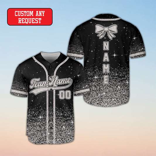 Personalized glitter baseball jersey with custom name and number on black starry background, main view
