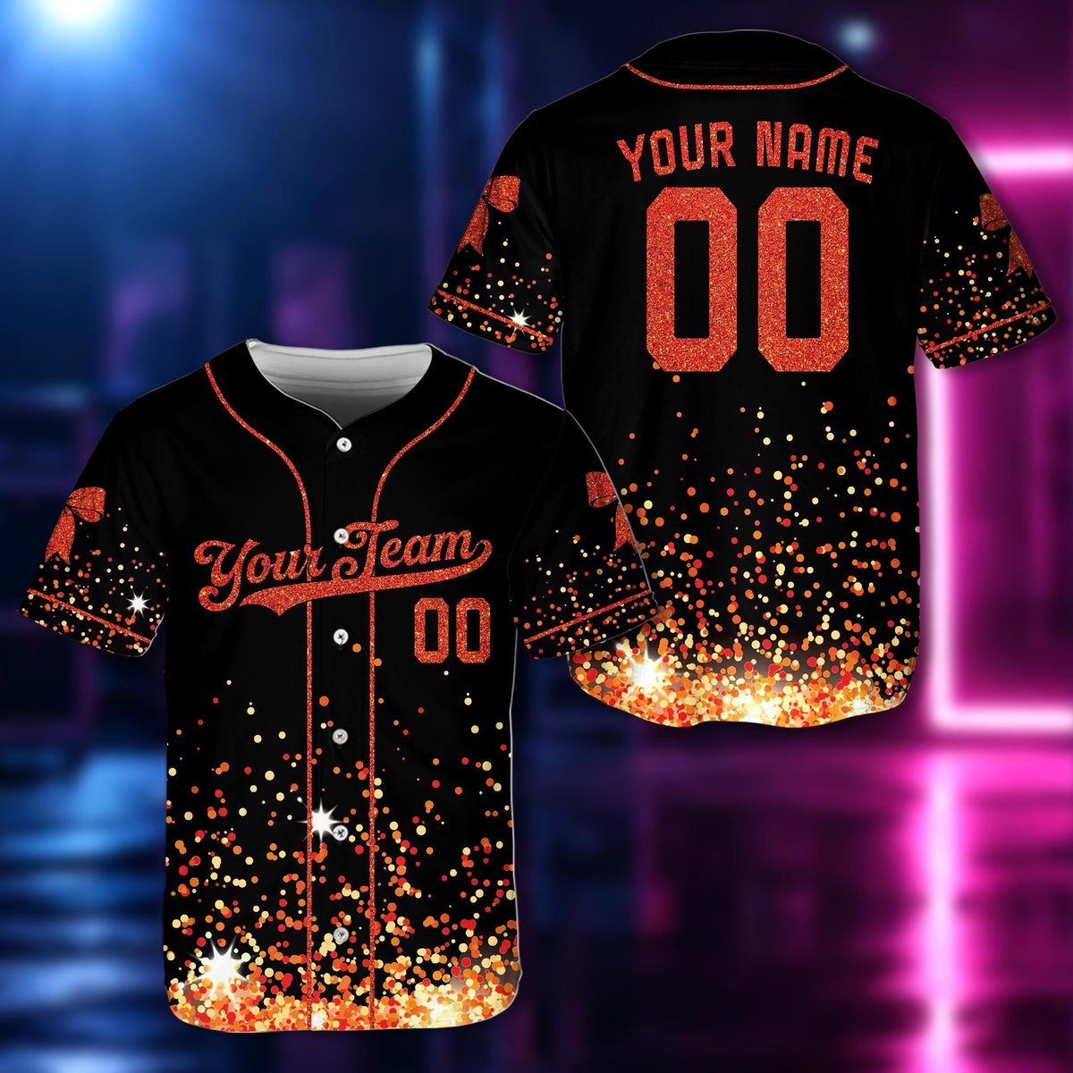 Front view of personalized baseball jersey with purple faux glitter print