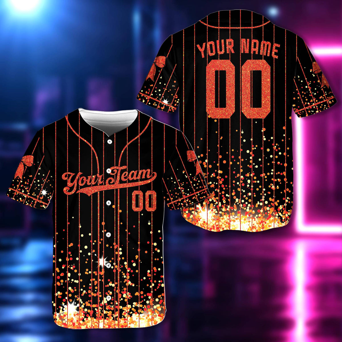 Front view of personalized baseball jersey in red glitter accents
