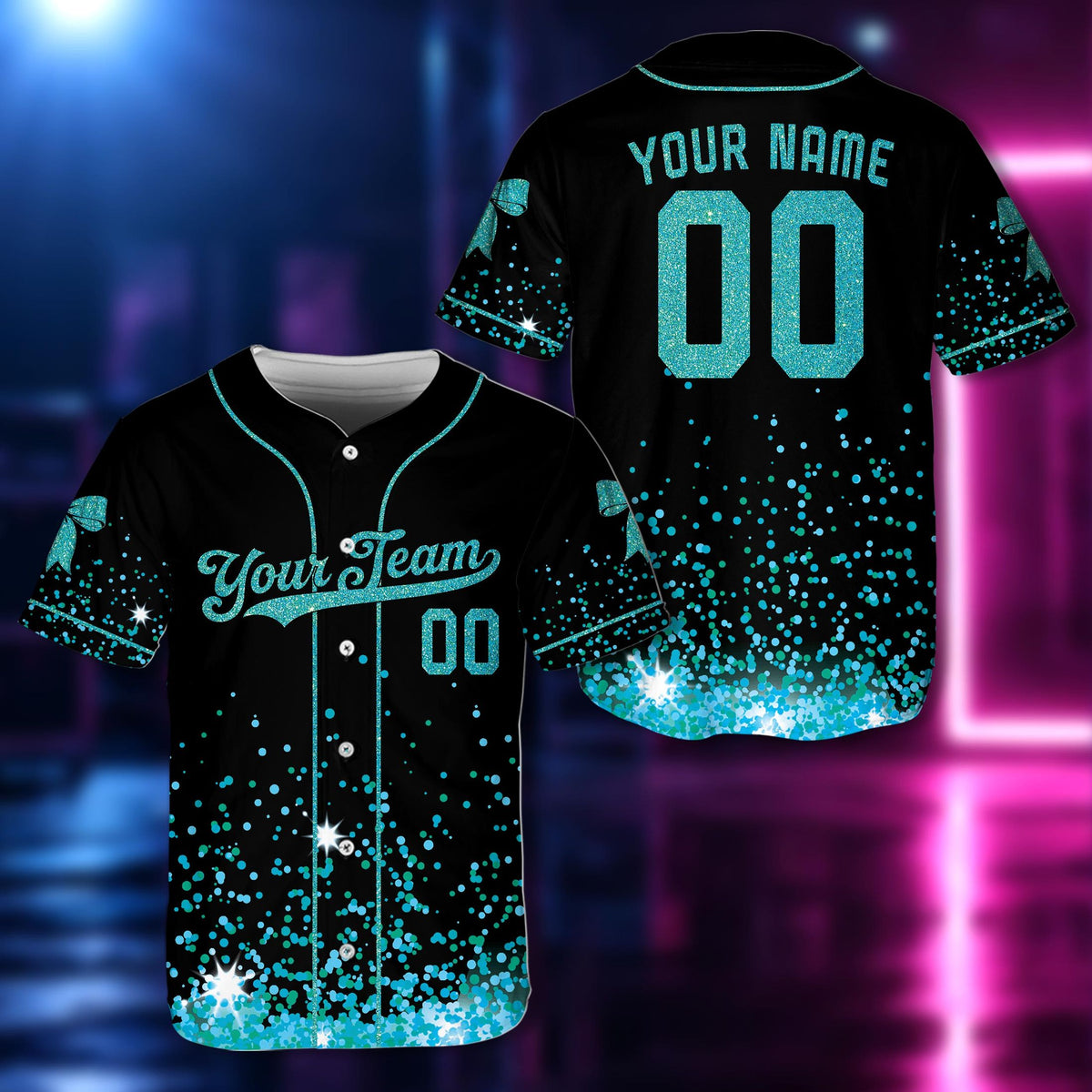 Front view of black glitter baseball jersey with orange gradient