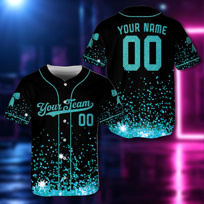 Front view of black glitter baseball jersey with orange gradient
