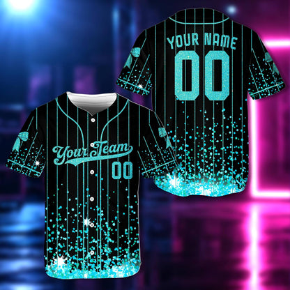Front view of personalized baseball jersey in orange glitter accents
