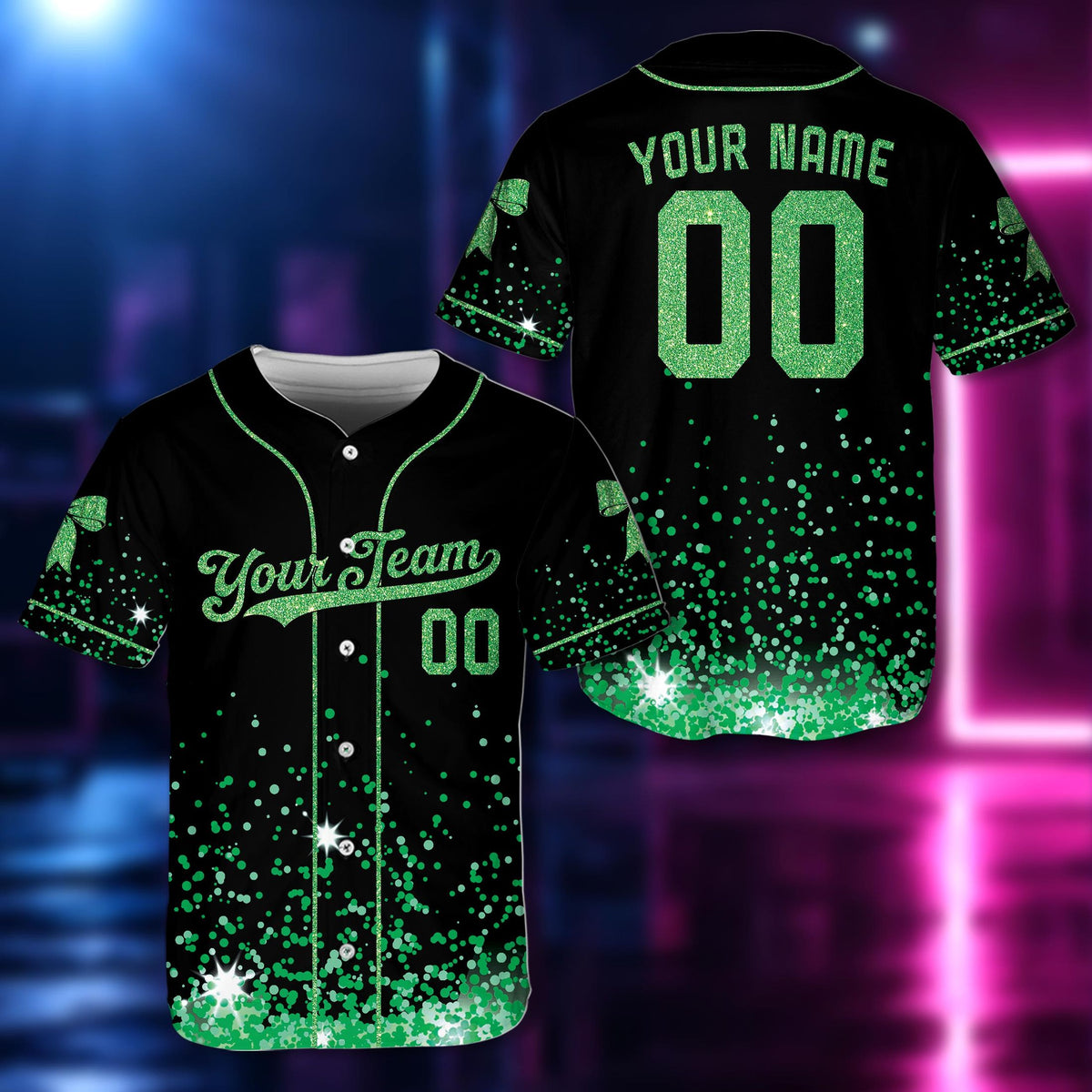 Front view of custom baseball jersey in teal faux glitter style