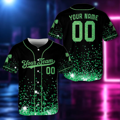 Front view of custom baseball jersey in teal faux glitter style