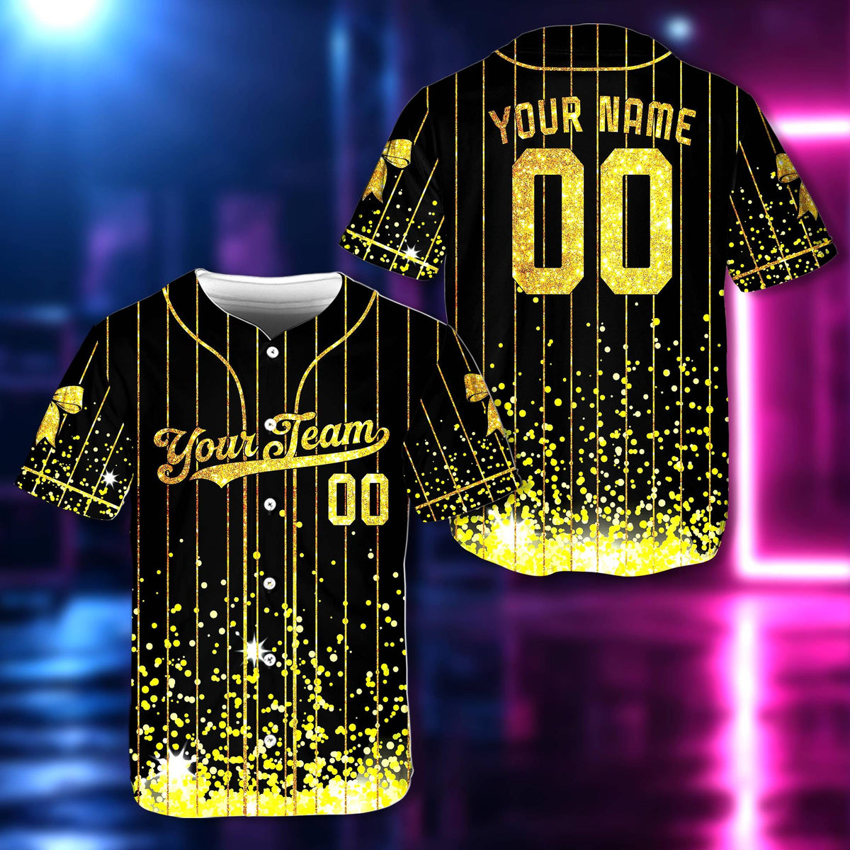 Front view of personalized baseball jersey in teal glitter accents