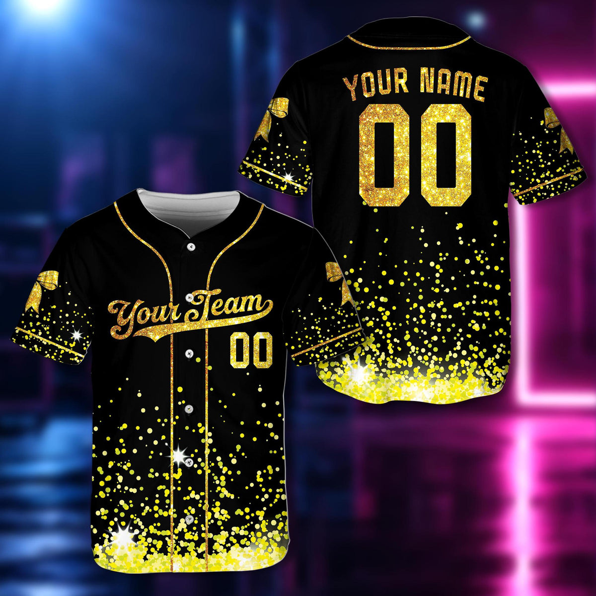 Front view of personalized baseball jersey with green glitter details