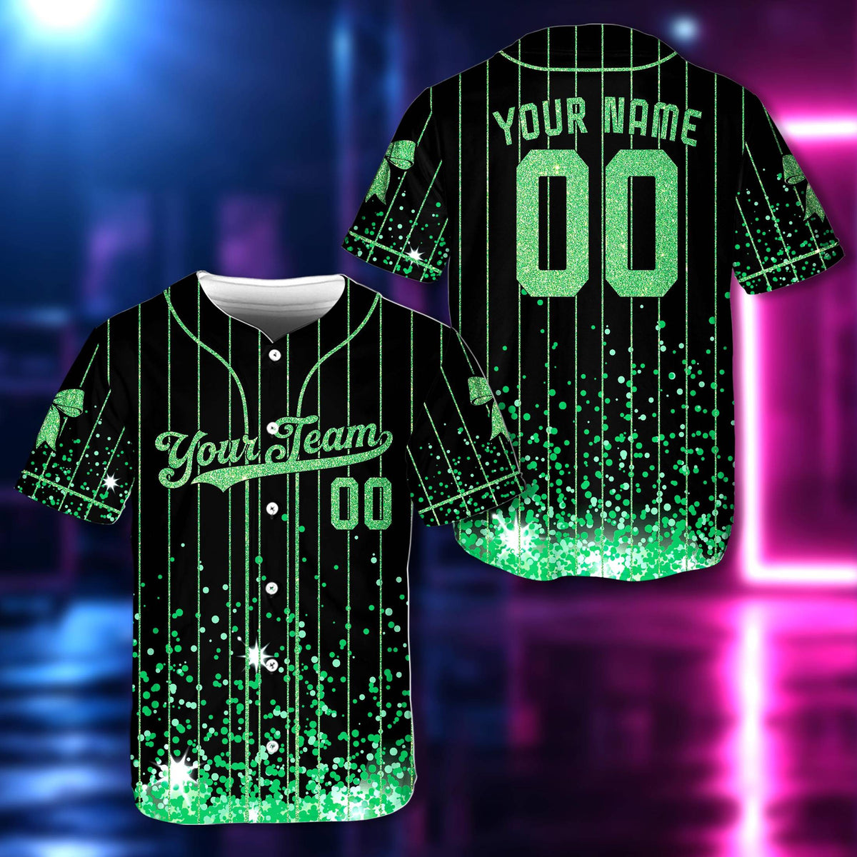 Front view of personalized baseball jersey in gold glitter accents