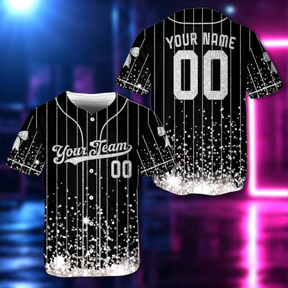 Front view of personalized baseball jersey in green glitter accents