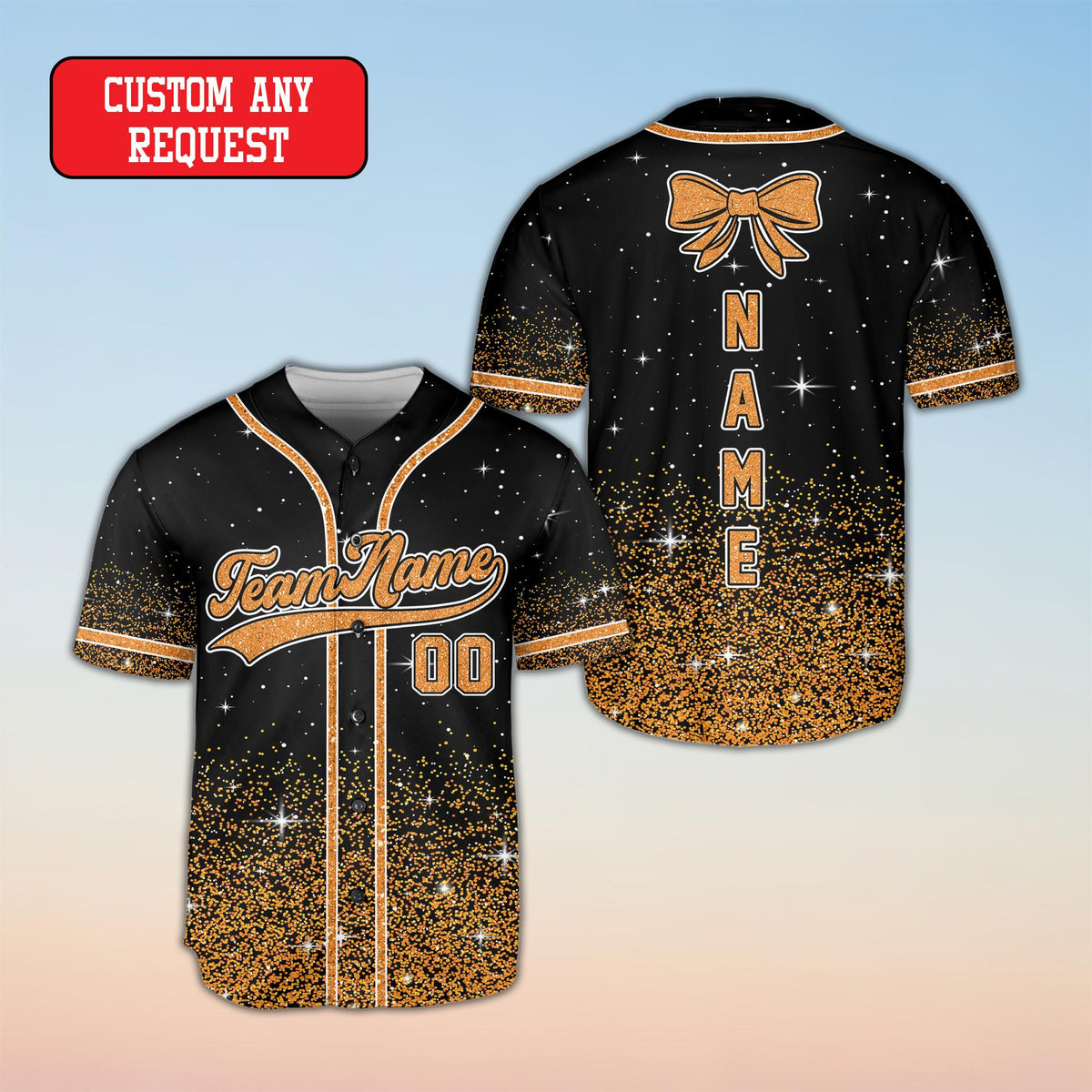 Close-up of the silver glitter gradient detailing on the bottom of the black baseball jersey