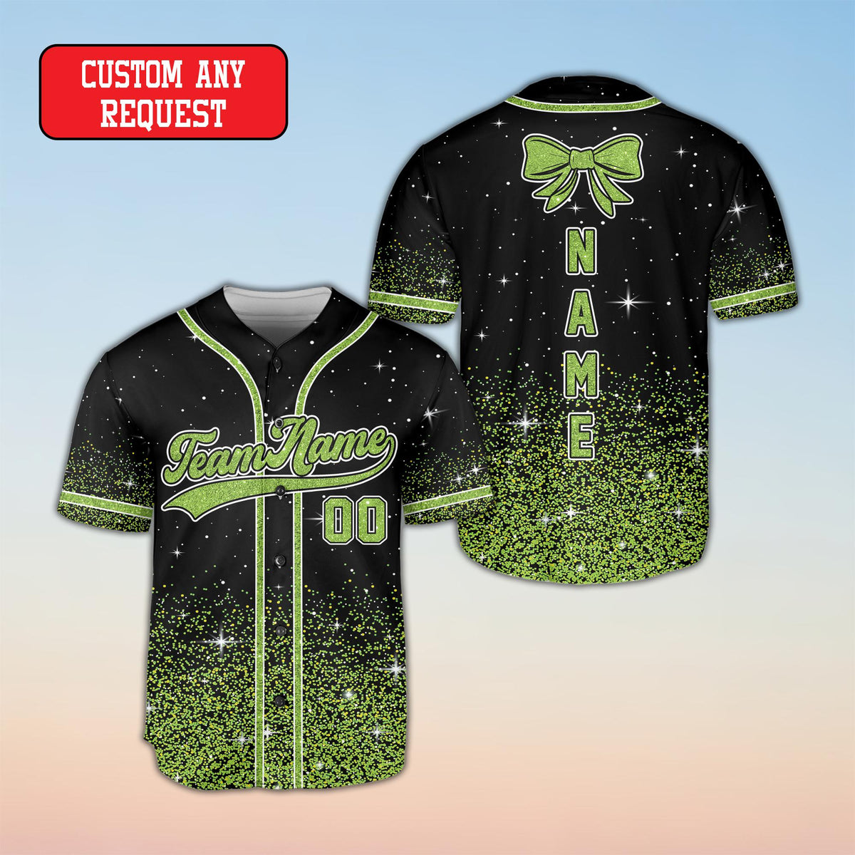Close-up of the teal glitter gradient on the custom name and number baseball jersey
