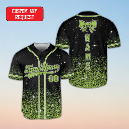 Close-up of the teal glitter gradient on the custom name and number baseball jersey