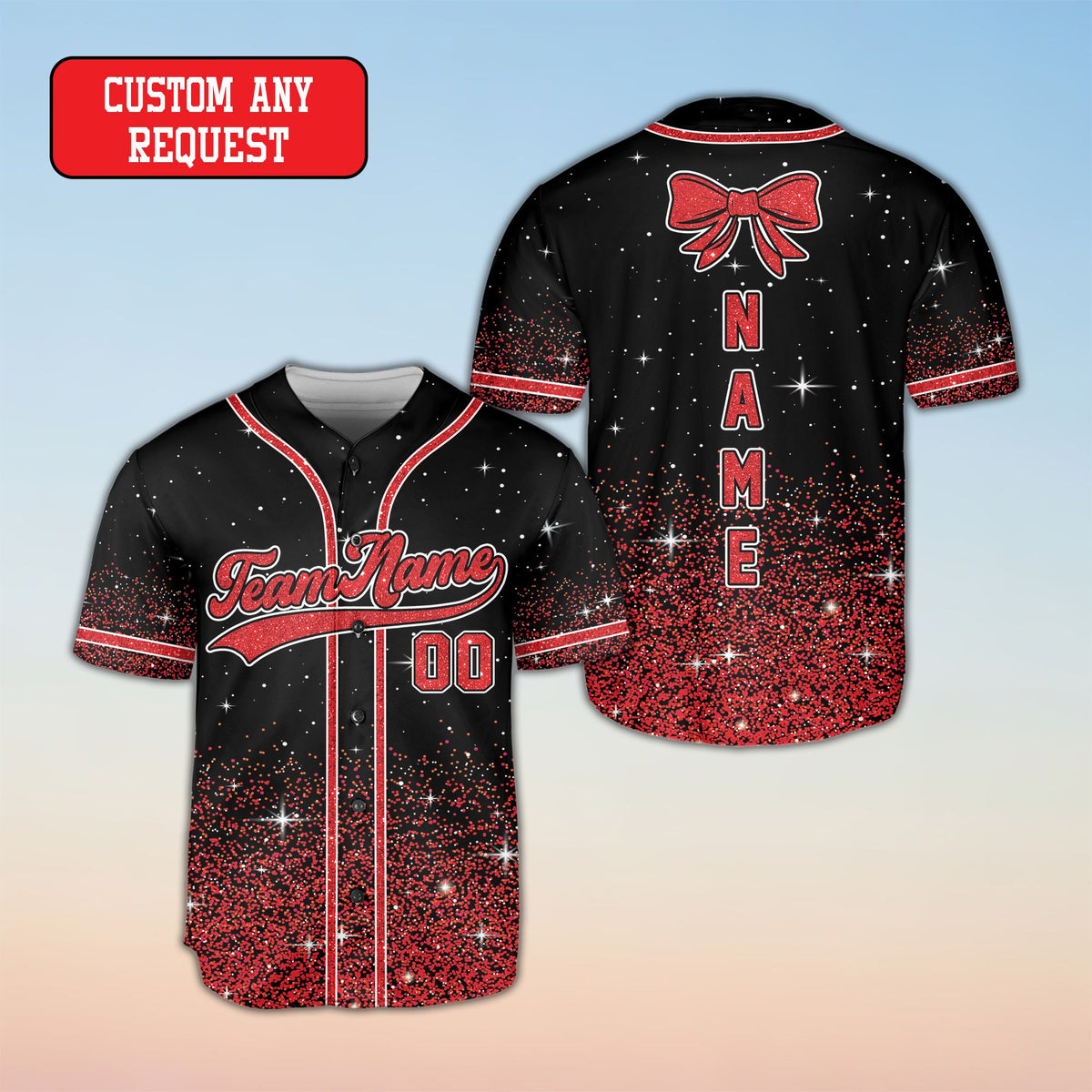 Side angle showcasing the orange glitter pattern on the personalized baseball jersey