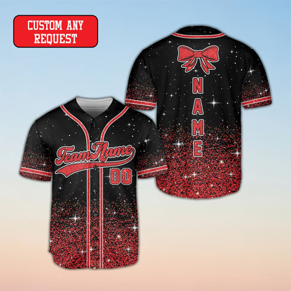 Side angle showcasing the orange glitter pattern on the personalized baseball jersey