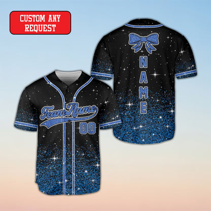 Close-up of the purple and blue glitter hem options on the personalized baseball jersey