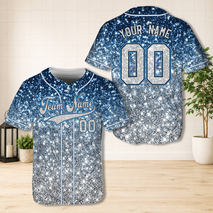 Personalized blue glitter baseball jersey with custom name and number, front view