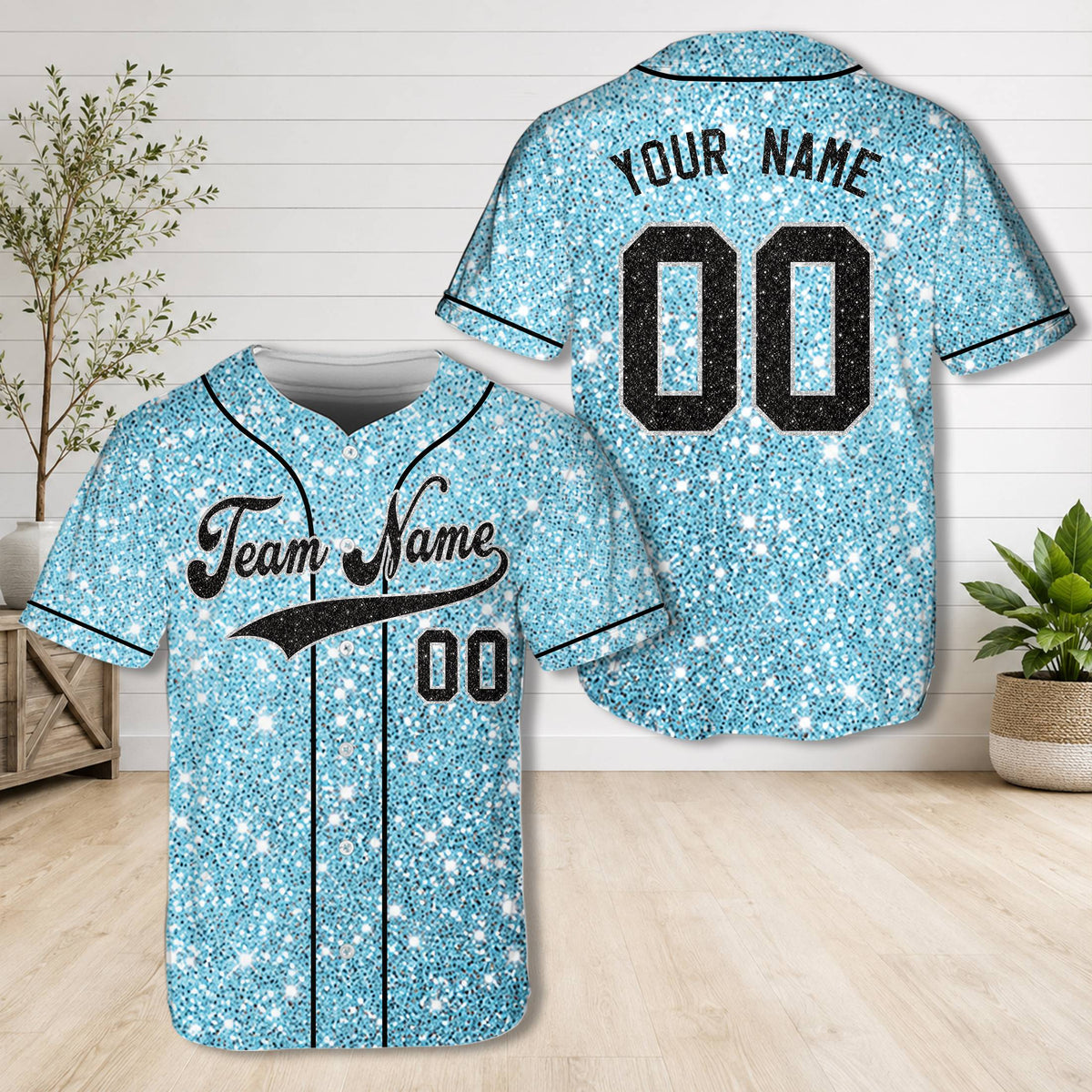 Front view of the blue glitter baseball jersey personalized design