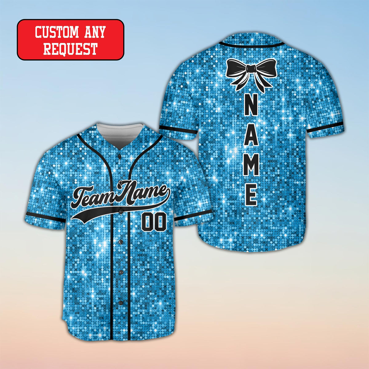 Faux glitter baseball jersey front view in blue