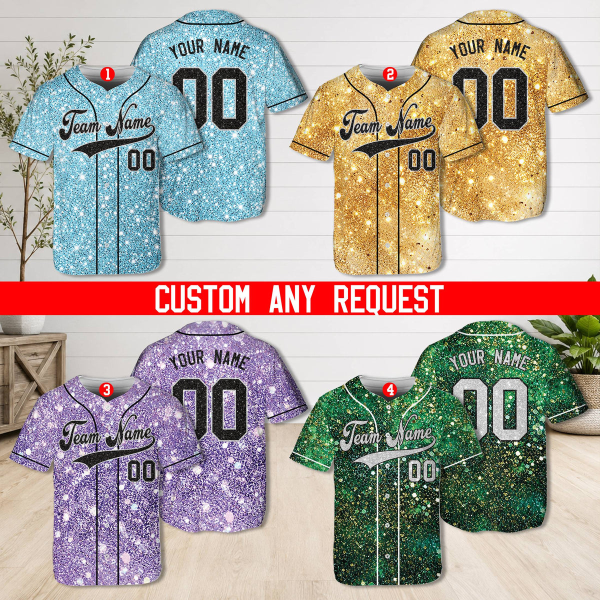 Front view of the custom name and number baseball jersey with abstract glitter texture design