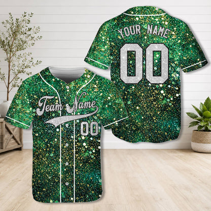 Front view of the green personalized baseball jersey with glitter design