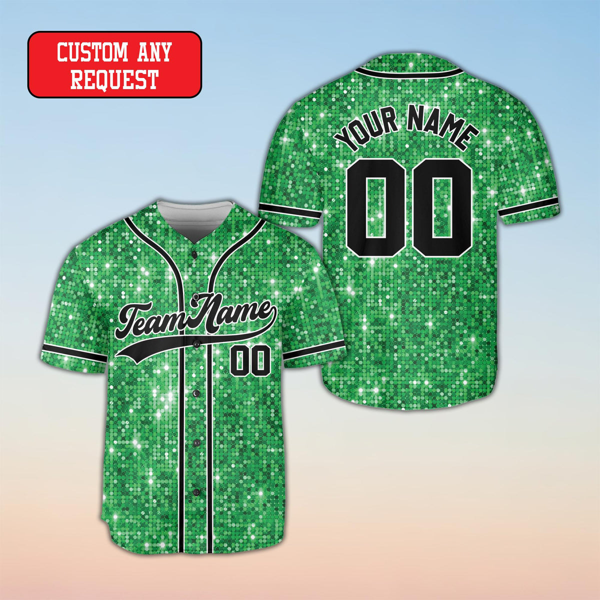 Green glitter baseball jersey custom name and number, front view