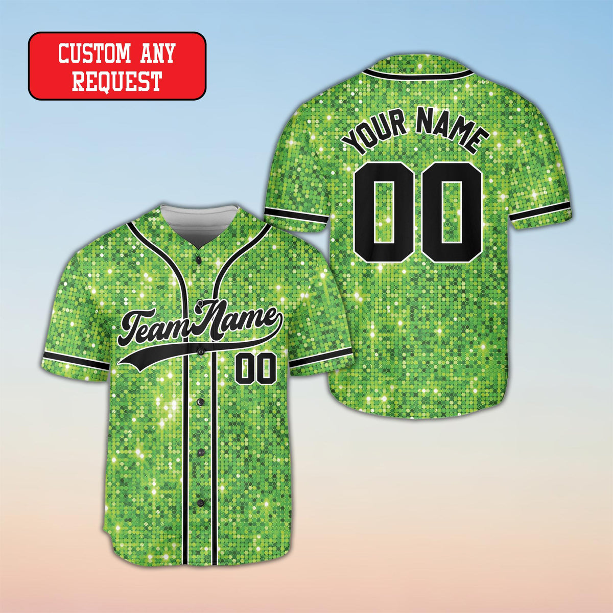 Dark green personalized baseball jersey with faux glitter, front view