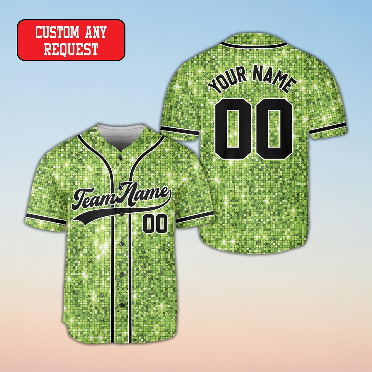 Lime green glitter baseball jersey, front view