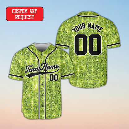 Olive green custom baseball jersey faux sequin, front view