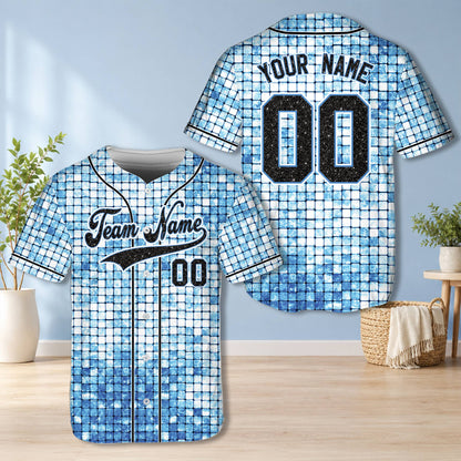 Blue glitter mosaic baseball jersey with custom name and number, front view