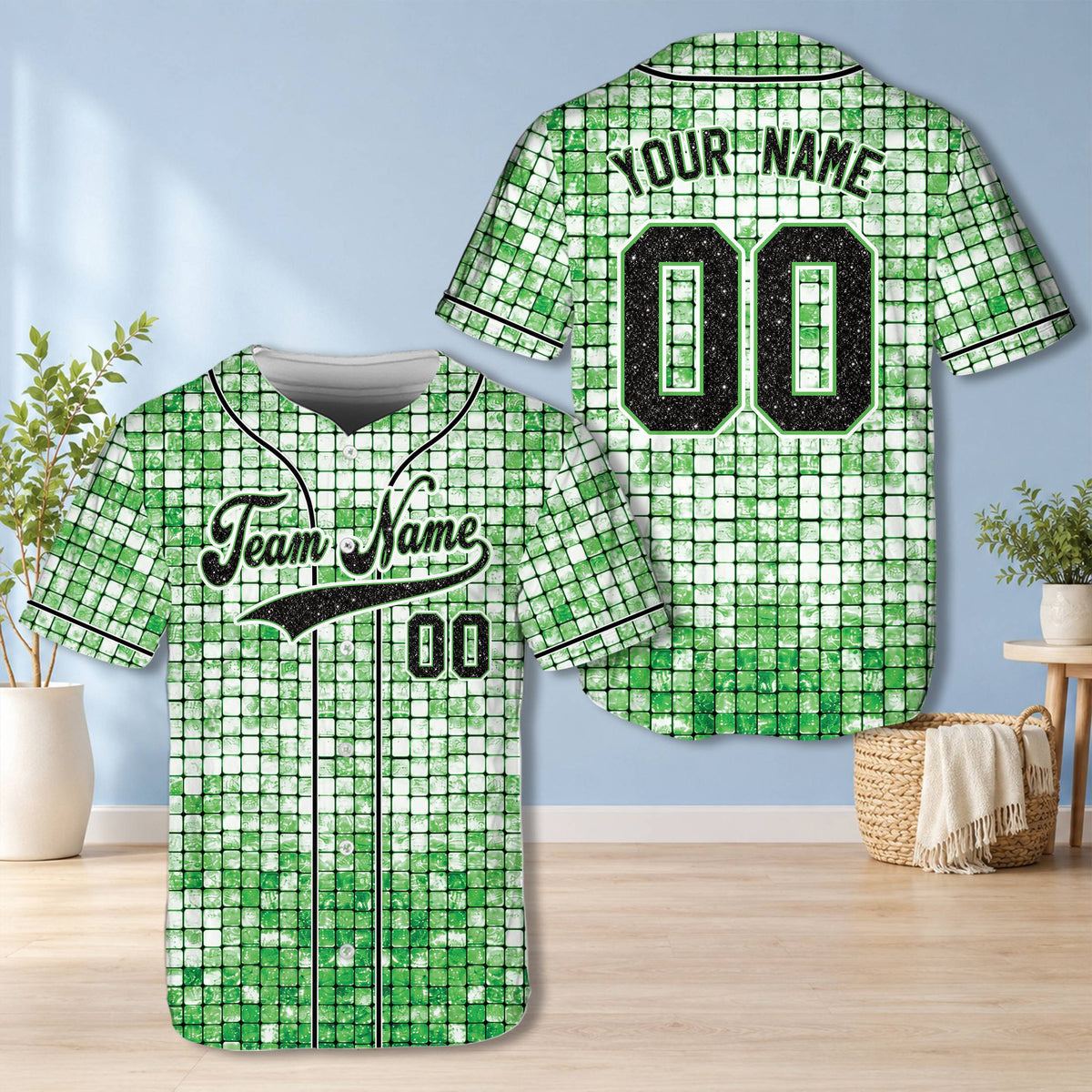 Green glitter mosaic baseball jersey with custom name and number, front view