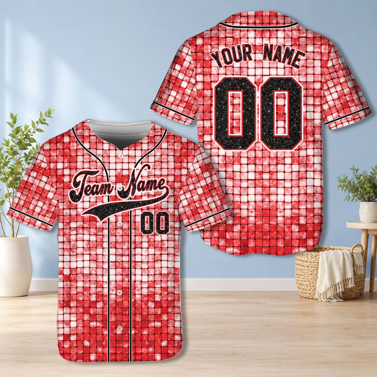 Red glitter mosaic baseball jersey with custom name and number, front view