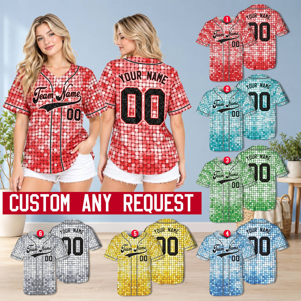 Red glitter mosaic baseball jersey, alternate view