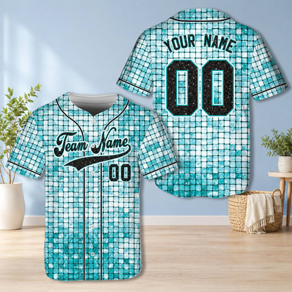 Teal glitter mosaic baseball jersey with custom name and number, front view