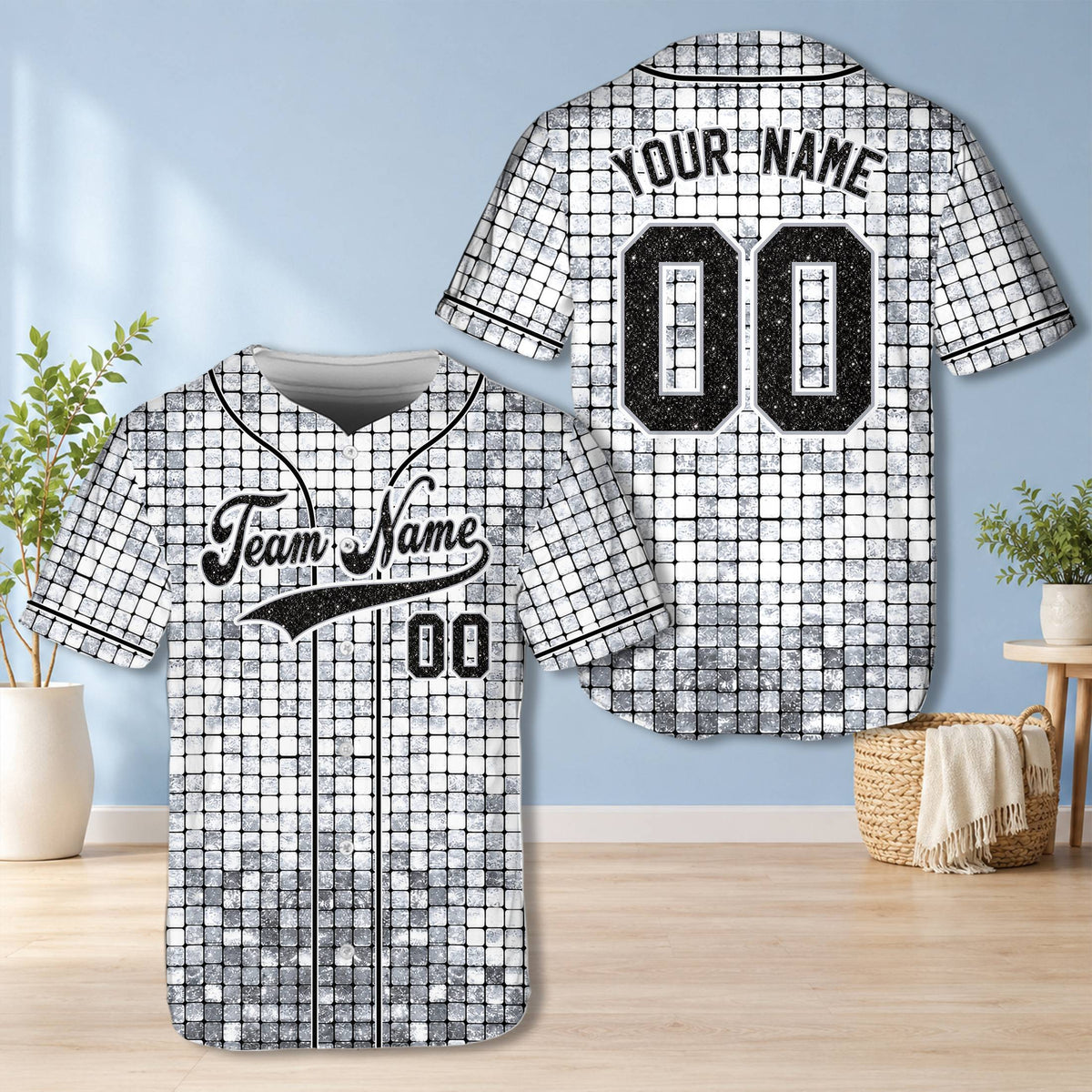 White glitter mosaic baseball jersey with custom name and number, front view