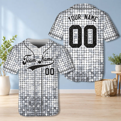 White glitter mosaic baseball jersey with custom name and number, front view