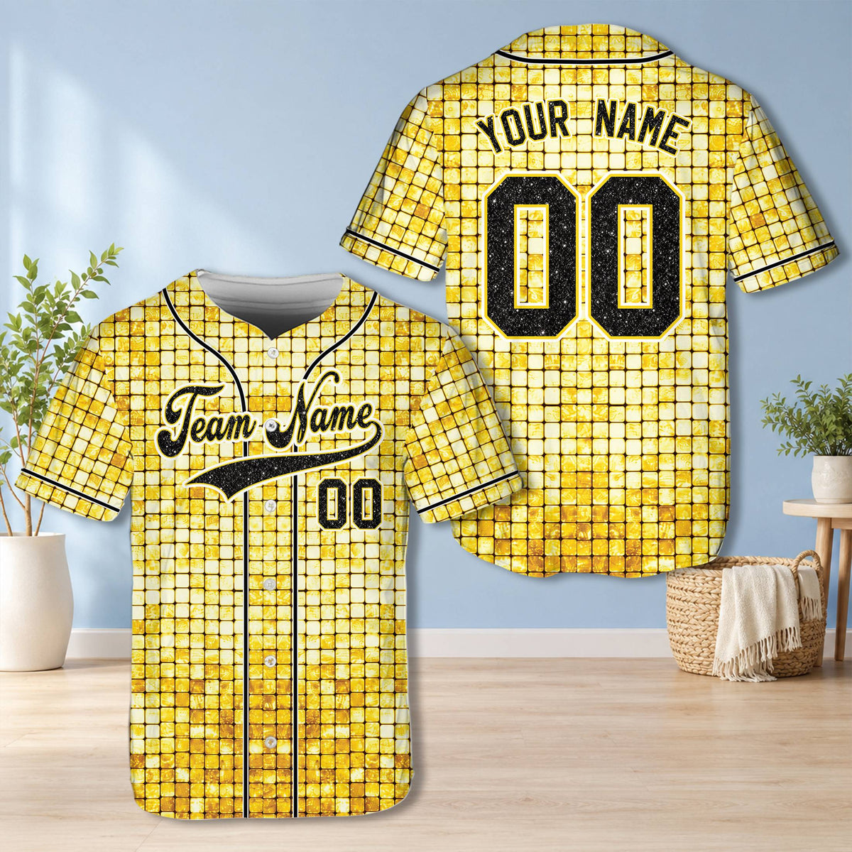 Yellow glitter mosaic baseball jersey with custom name and number, front view