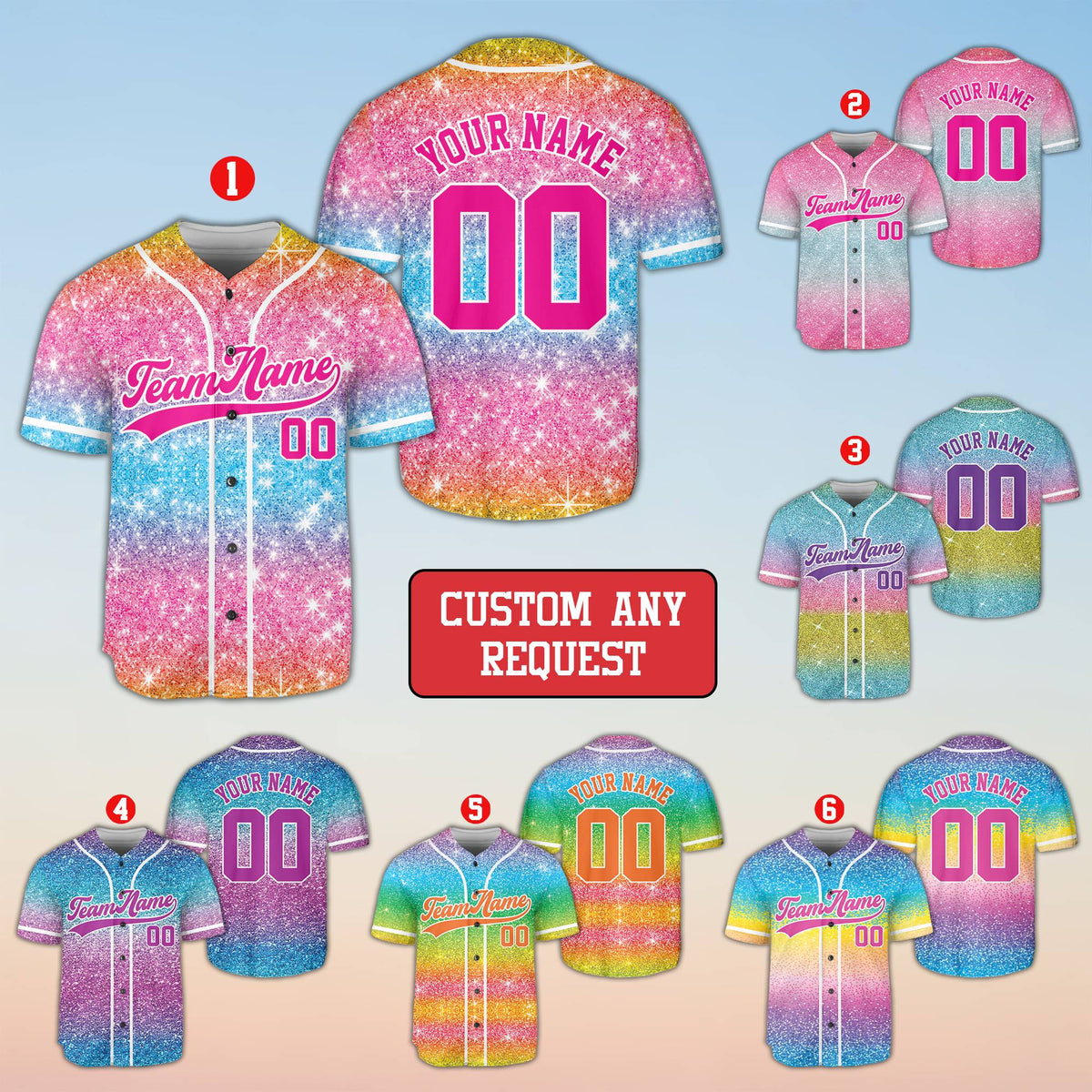 Close up front view of personalized baseball jersey with faux glitter pattern
