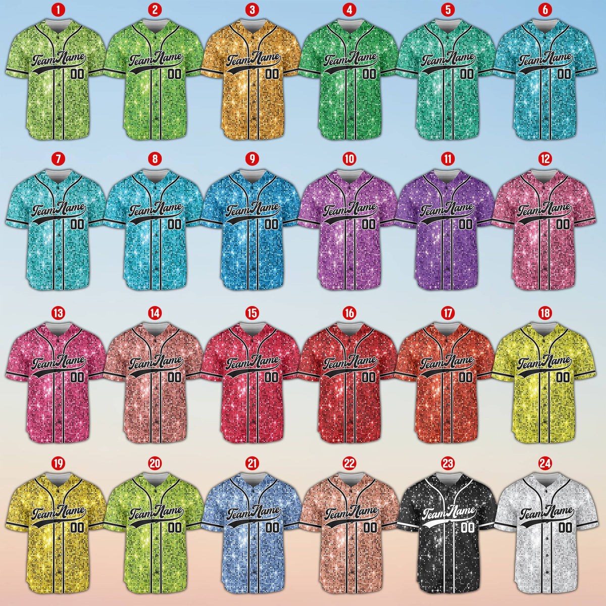 Multicolor personalized glitter baseball jersey, front view
