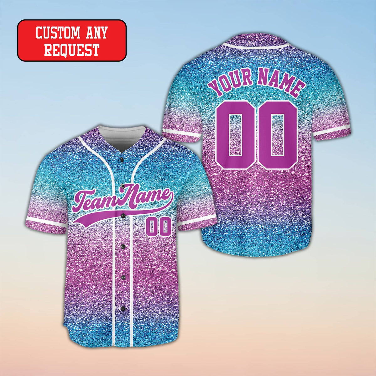 Multicolored faux glitter custom baseball jersey alternative front view