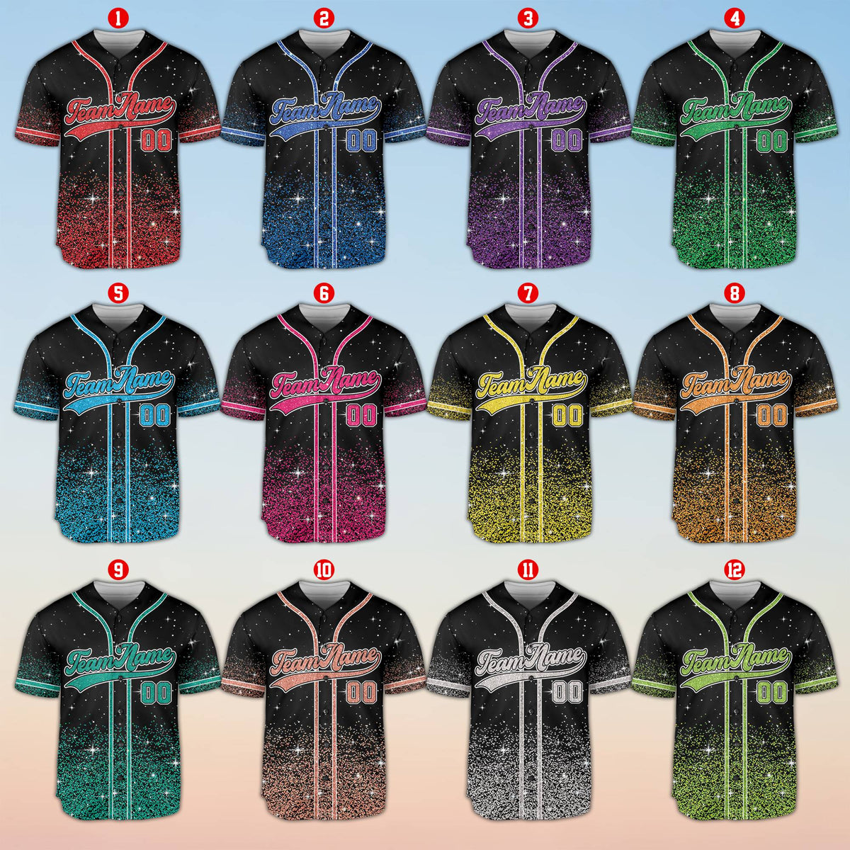 Front view of the personalized black baseball jersey with multicolor glitter gradient and script text