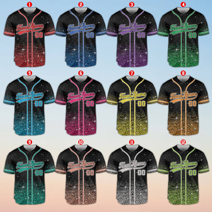 Front view of the personalized black baseball jersey with multicolor glitter gradient and script text