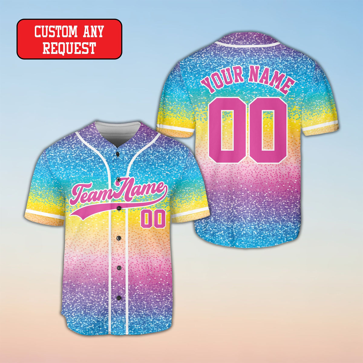 Personalized multicolor glitter baseball jersey lower front detail