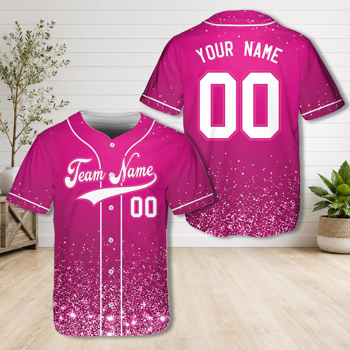 Personalized pink glitter baseball jersey with custom name and number, main view