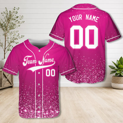 Personalized pink glitter baseball jersey with custom name and number, main view