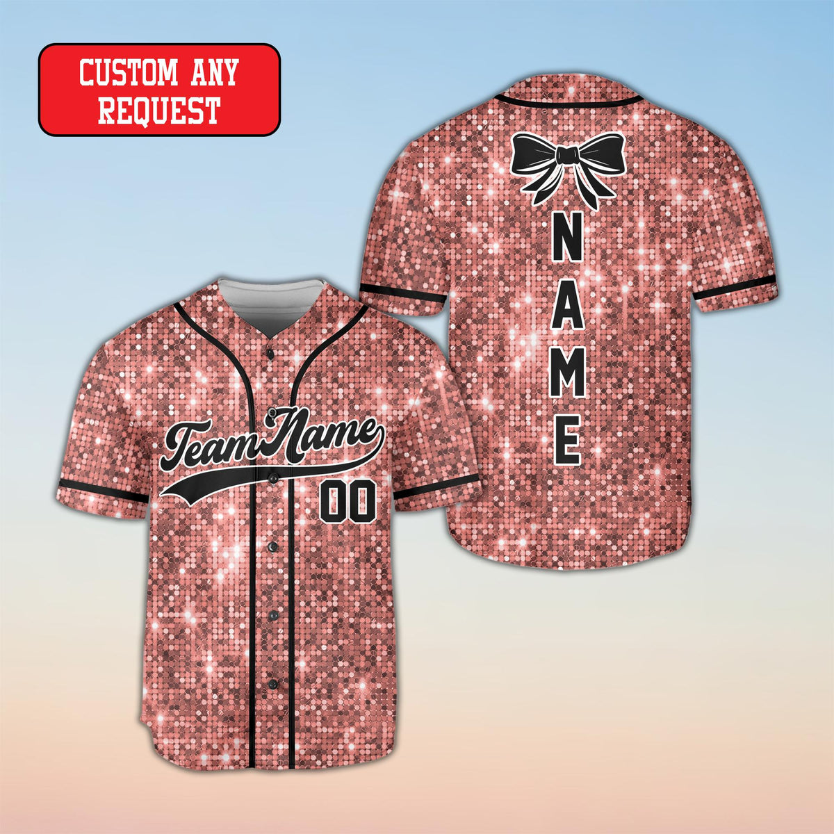 Faux glitter baseball jersey front view in light pink