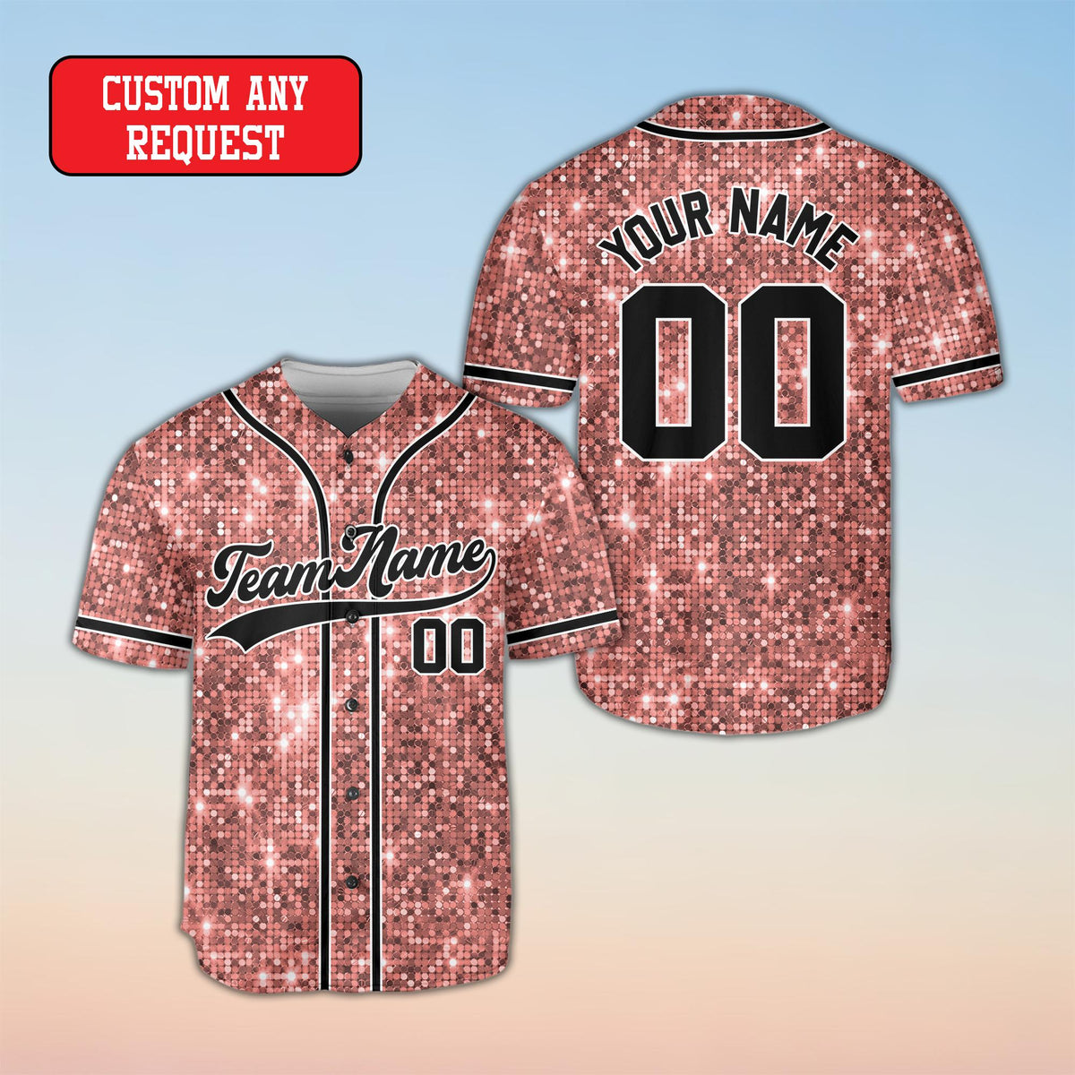 Light pink faux sequin baseball jersey custom name, front view