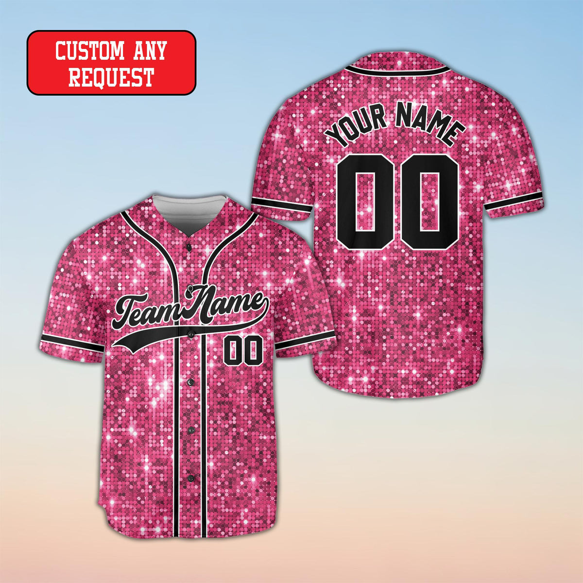 Bright pink personalized glitter baseball jersey, front view