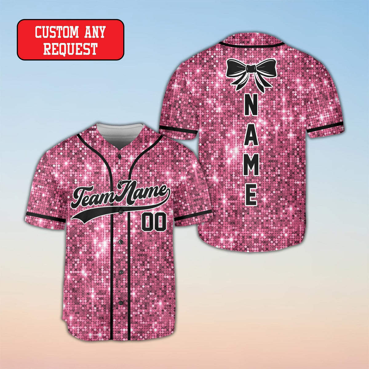 Faux glitter baseball jersey front view in magenta